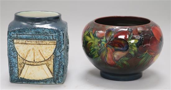 A Troika geometric design cube vase, signed AP and a small Moorcroft vase, H 10cm (largest)